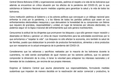 COMUNICADO DE LA CÁMARA DE COMERCIO DE ORURO, PEDIMOS AL GOBIERNO CENTRAL MEDIDAS PARA GARANTIZAR  LA SALUD Y LA VIDA DE LOS BOLIVIANOS.