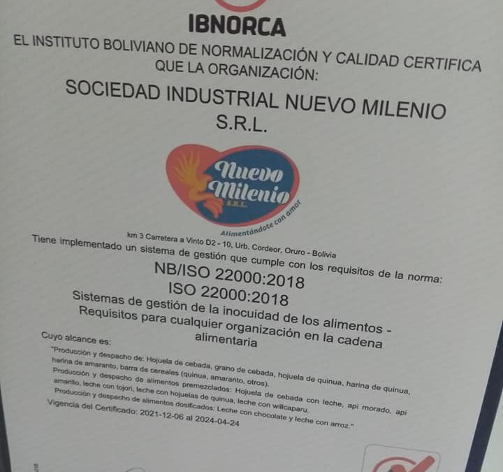 IBNORCA entrega la Norma ISO 22000- Empresa Sociedad Industrial Nuevo Milenio SRL